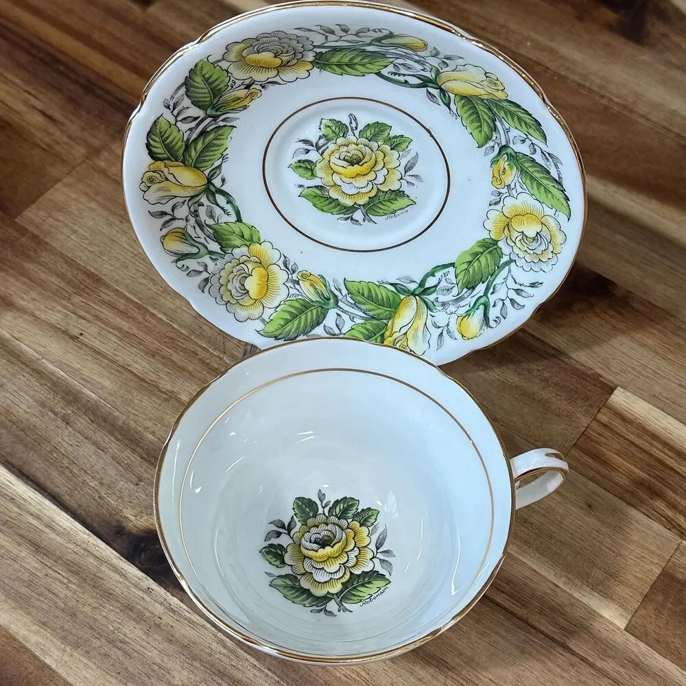 Vtg Stanley English Tea Cup Fine Bone China Yellow & Green Floral